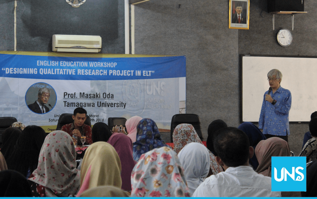 Masaki Oda from Tamagawa University Japan as the speaker in ELT workshop under the theme “Designing Qualitative Research Project in English Language Teaching (ELT)” on Saturday (29/9/2018) in UPT2B UNS.