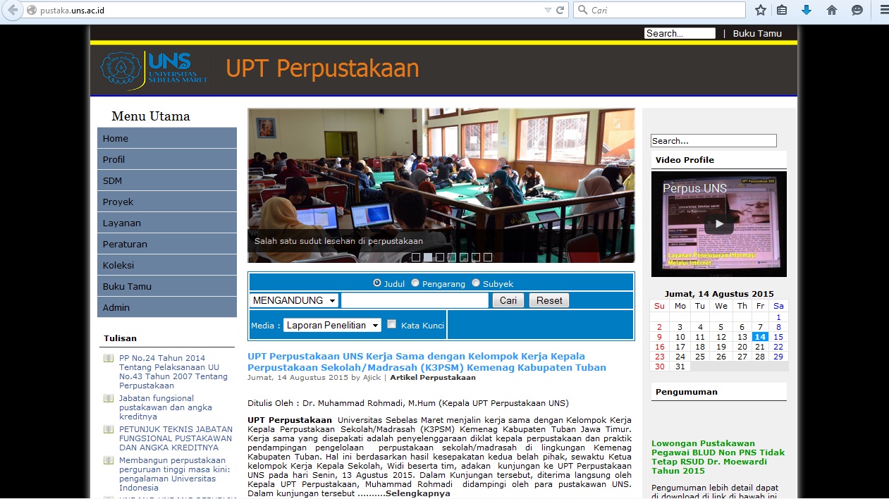 pustaka.uns.ac.id , salah satu laman resmi yang dimiliki UPT Perpustakaan UNS.