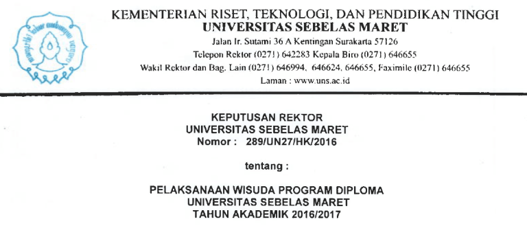 Keputusan Rektor tentang Pelaksanaan Wisuda Program Diploma UNS